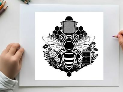 Bee silhouette with honeycomb and beekeeping hat