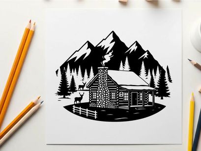 Cozy cabin silhouette in snowy mountain forest landscape