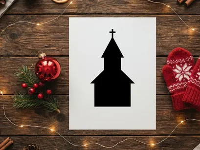 Black silhouette of a church building with a cross on a white background