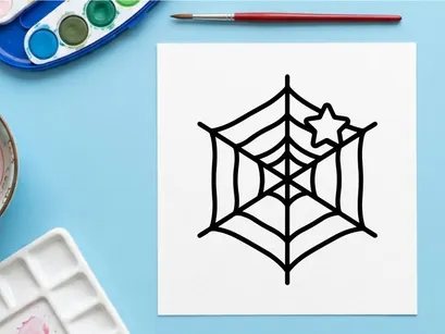 Hand-drawn Halloween cat in a spider web. Black and white spooky feline illustration for seasonal decorations.
