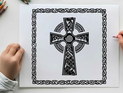 Celtic cross silhouette with intricate knotwork design and border