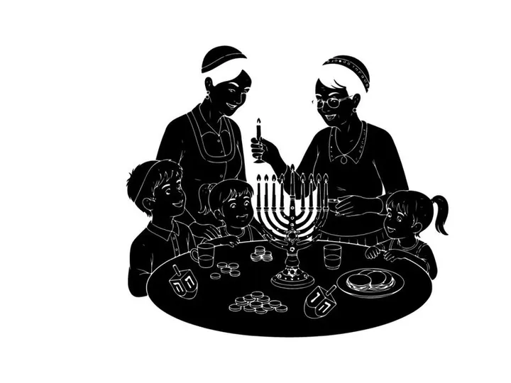 Silhouette of two women lighting menorah with traditional jewish dinner
