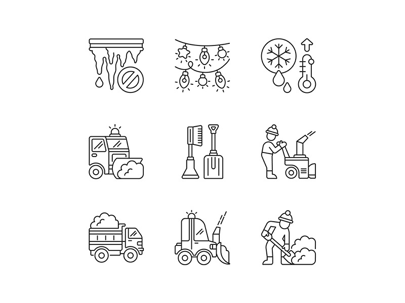 Winter city services linear icons set