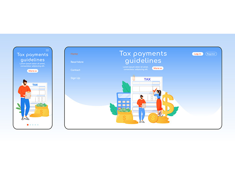 Tax payments guidelines adaptive landing page flat color vector template