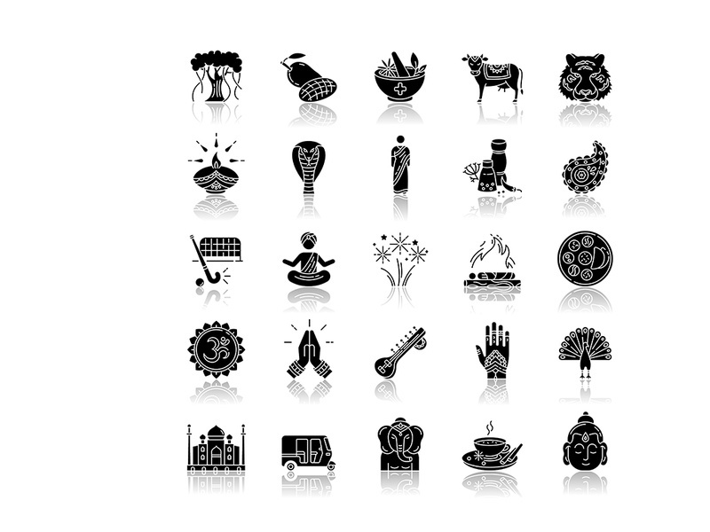 Indian culture drop shadow black glyph icons set