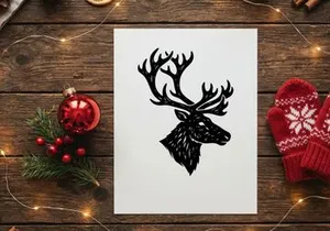 Black and white deer head silhouette illustration with detailed antlers for holiday design.