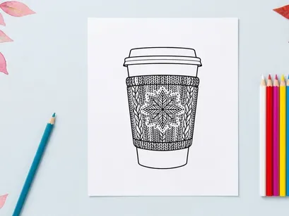 Handgezeichneter Weihnachtskaffee-Becher mit festlichem, verziertem Muster und Deckel für Branding in der Weihnachtszeit