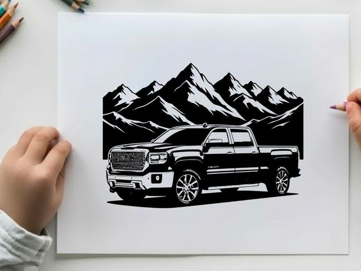 Silhouette of a pickup truck in front of mountains