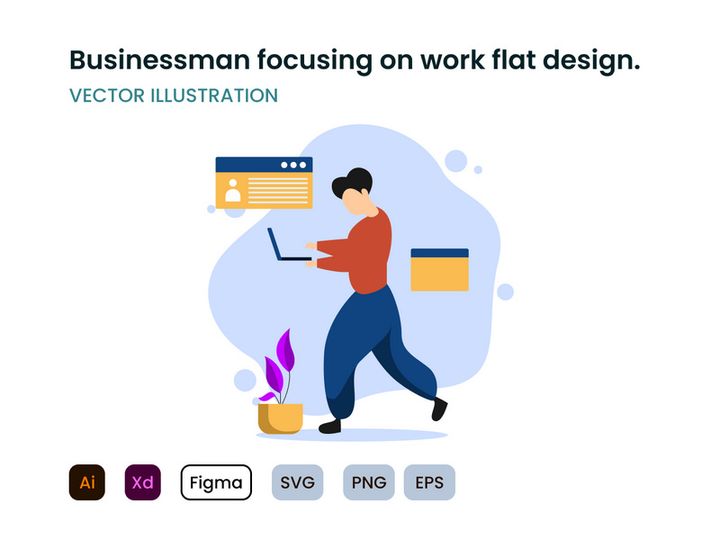 A businessman focusing on work flat design concept.