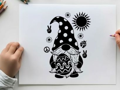 Black and white silhouette of a peaceful gnome with sun