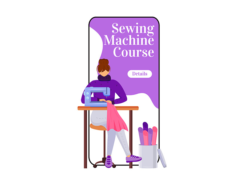Sewing machine course cartoon smartphone vector app screen