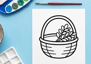 Wicker basket with leaves icon. Simple line art illustration of a harvest container.