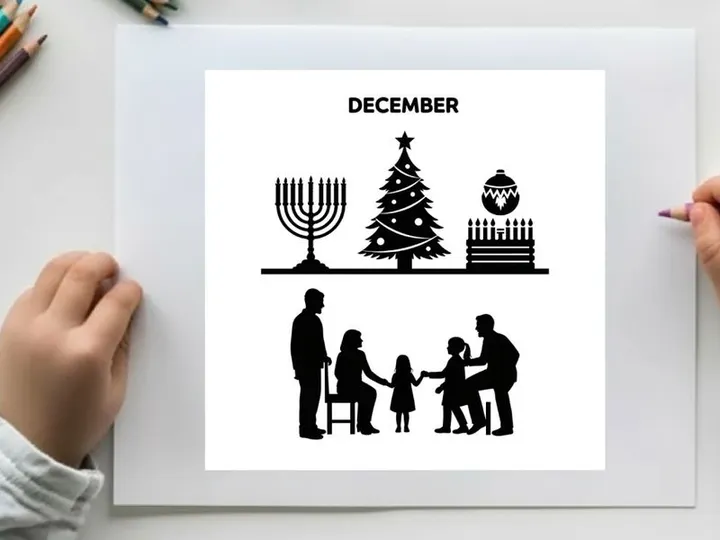December holiday silhouette featuring family and christmas symbols