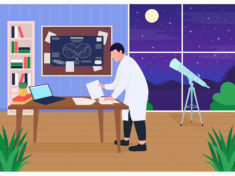 Astronomers workplace flat color vector illustration