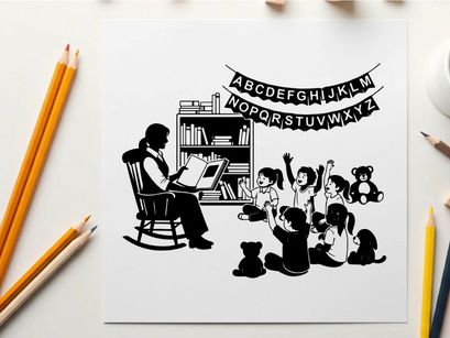 Silhouette of a woman reading to children in a library with alphabet banner
