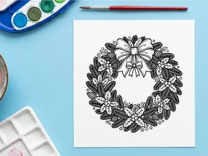 Christmas wreath line art illustration with pine branches holly berries and a large bow