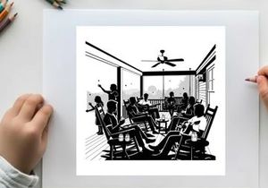Silhouette of people sitting in rocking chairs on a porch