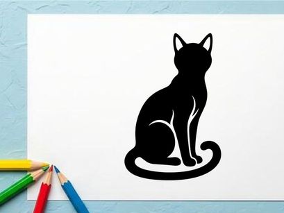 Silhouette Kucing Duduk dengan Telinga Lancip dan Ekor Melengkung