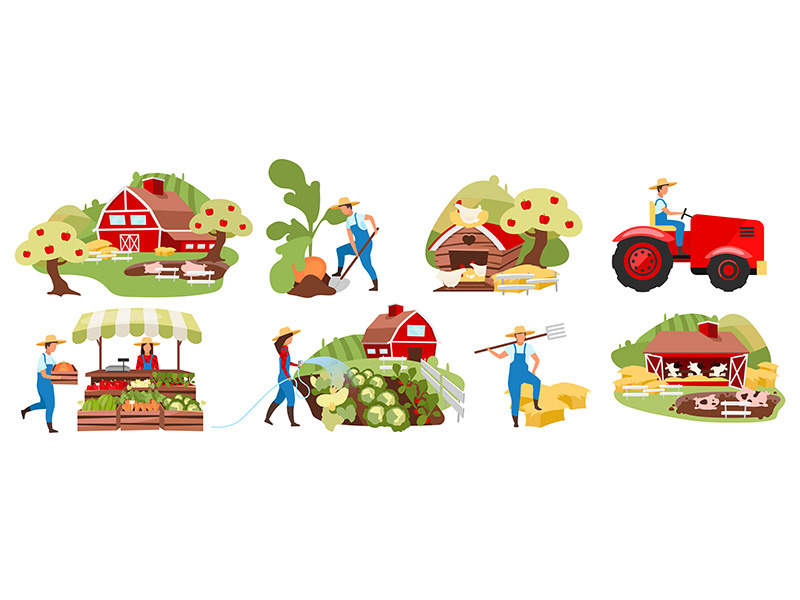 Farming flat vector illustrations set