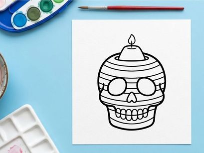 Hand-drawn sugar skull with lit candle for Day of the Dead celebration. Cartoon-style calavera face illustration for Halloween and festive decor.