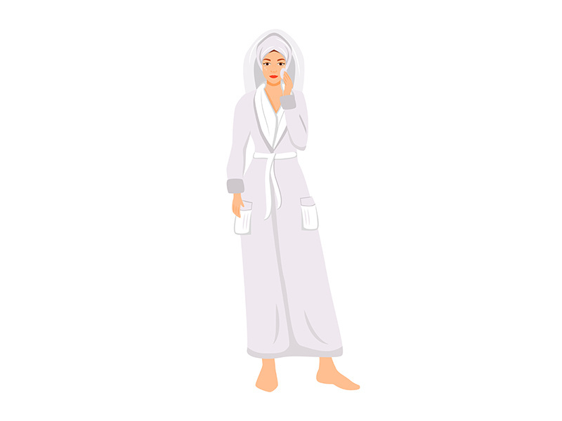 Woman in bathrobe removing make up flat color vector faceless character