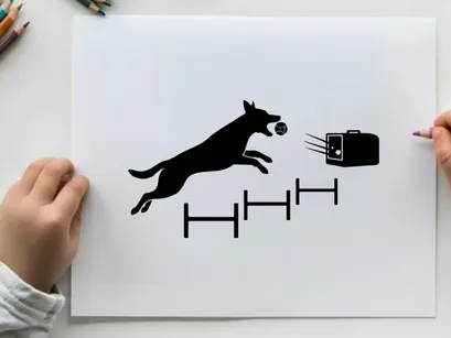 Dog silhouette jumping over hurdles to catch a ball silhouette