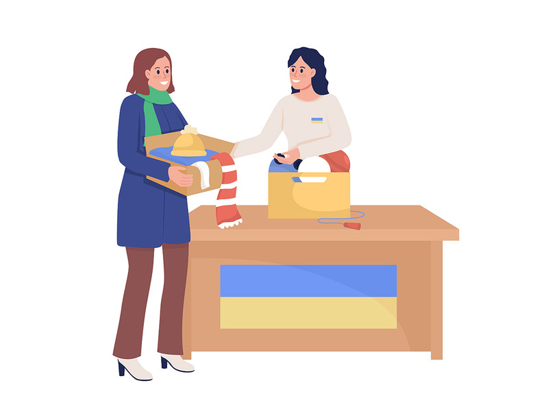 Woman donating clothing to Ukraine flat color vector characters