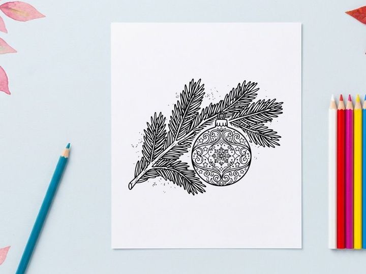 Christmas bauble and pine branch line art illustration for holiday greeting card design.