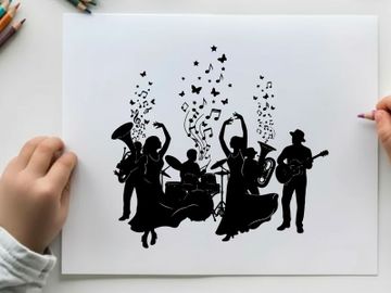 Silhouette of a lively band performing with musical notes and butterflies preview picture