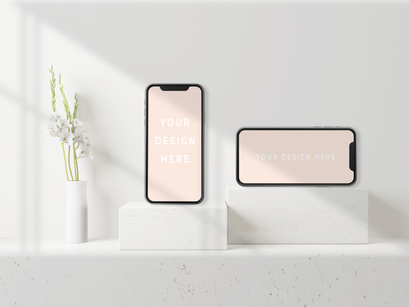 Mockup Template Smartphone is on the white marble podium