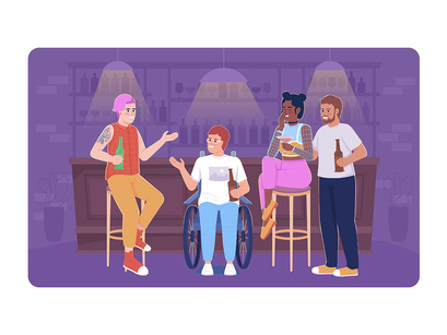 Disabled person lifestyle 2D vector isolated illustration set