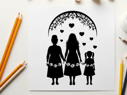 Silhouette of mother and daughters under heart arch