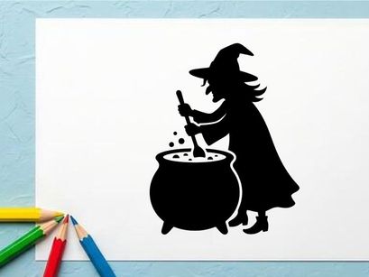 Silhouette of a witch stirring a cauldron in a magical setting