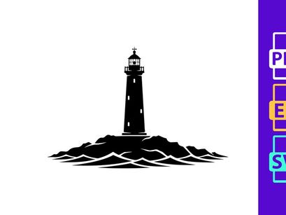 Classic Lighthouse on Rocky Shore with Waves Silhouette