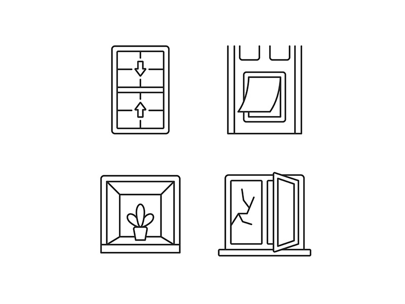 Installing windows and doors linear icons set