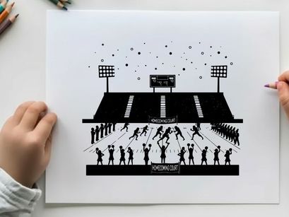 Silhouette of a lively sports stadium with players and spectators