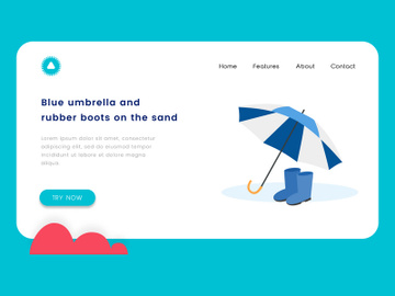 Blue umbrella and rubber boots on the sand flat design preview picture