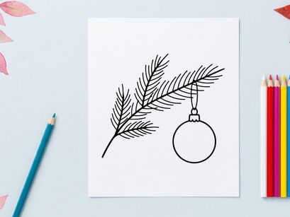 Christmas tree branch with hanging bauble ornament line art illustration