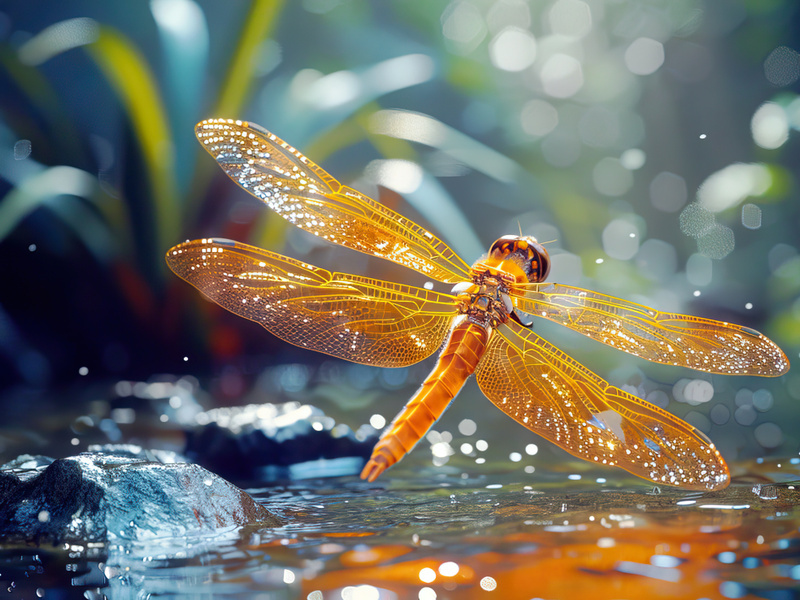 A delicate dragonfly rests on water amidst a mystical, sunlit setting