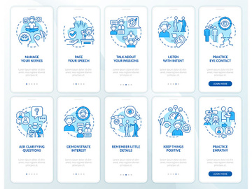 Developing charisma blue onboarding mobile app screen set preview picture