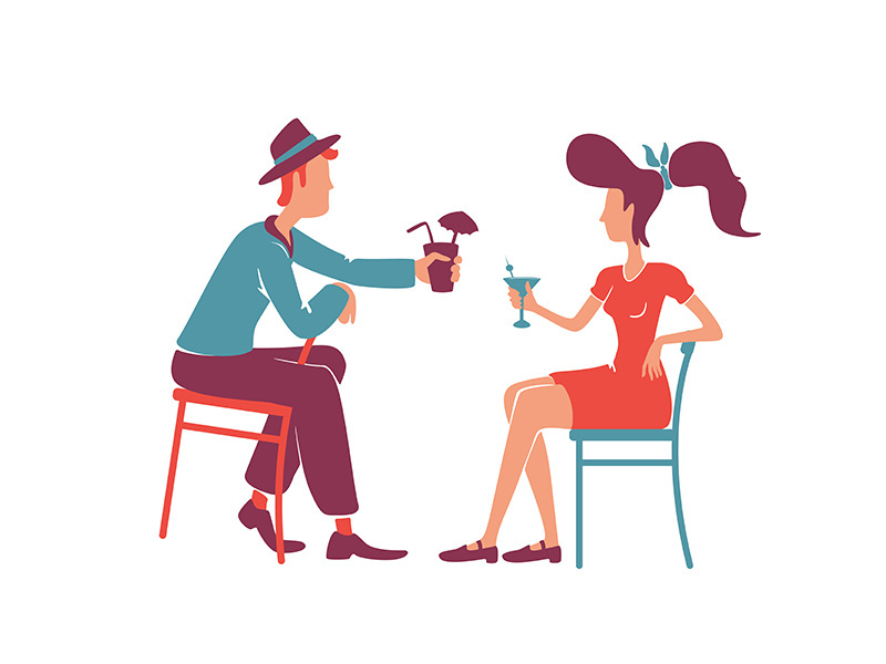Couple at retro bar enjoying cocktails flat color vector faceless characters