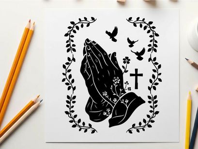 Praying hands silhouette with cross and birds