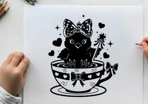 Adorable silhouette cat in decorative teacup with bow and wand silhouette