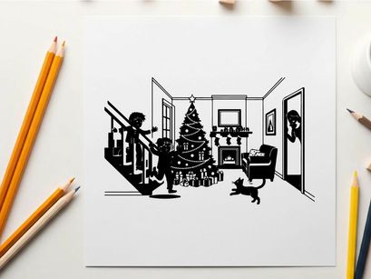 Black and white silhouette of children decorating christmas tree