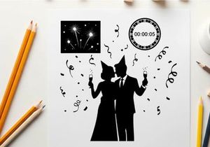 New year's eve celebration silhouette with fireworks and music notes