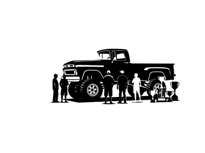 Silhouette of people standing next to a large pickup truck silhouette
