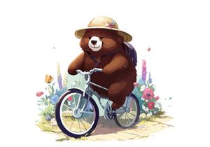 Bear riding a bike in floral countryside road, isolated in white background.