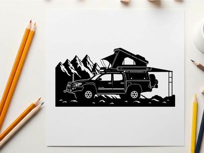 Silhouette of a car with a rooftop tent in a mountainous landscape silhouette