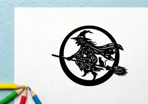 Stylized witch flying on broomstick with moon and stars