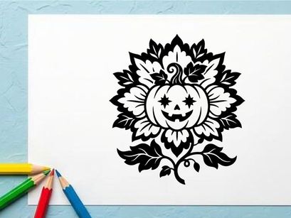 Halloween Pumpkin Face Illustration with Floral Design